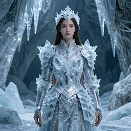 medium shot of a regal brown woman wearing an intricate and detailed armor made of many layers of ice. fragile!! elaborate. ice caves. glaciers. stalactites. dramatic shadows. dispersion. refraction. reflections. volumetric lighting. textures. delicate. translucent. studio portrait. photorealistic. octane render