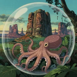 hyperrealist, studio ghibli dull colors portrait from close encounters of the third kind 1 9 7 7 of two octopi swaying in a jungle bubble monument valley stonehenge.