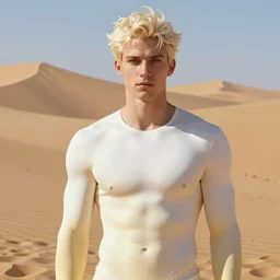 full figure beautiful young fit man, luminous scene, by greg rutkowski and alphonse mucha, d & d character, gradient white to gold, in front of a dune desert background, highly detailed portrait, digital painting, artstation, concept art, smooth, sharp focus illustration, artstation hq