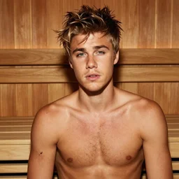 high-resolution photograph of Justin Bieber in a sauna with hair on his chest