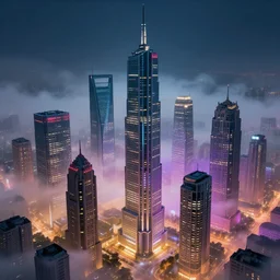 hyperrealistic matte painting of complex skyscrapers above a mysterious fog, city lights below, modern architecture, art deco architecture, cyberpunk style, vivid lights, vivid color, concept art, by paul lehr and hugh ferris and noriyoshi ohrai