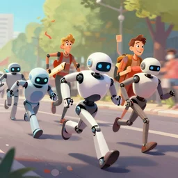 running robots in a marathon, digital painting, illustration by pixar and greg hildebrandt and artgerm and greg rutkowski, artstation