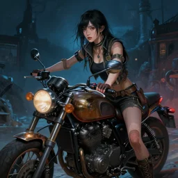 a girl from final fantasy live action, dieselpunk motorcyclist, evocative, mystical night, very very very very detailed, award winning, masterpiece digital painting by greg rutkowski, alex grey, artstation, 4 k wallpaper