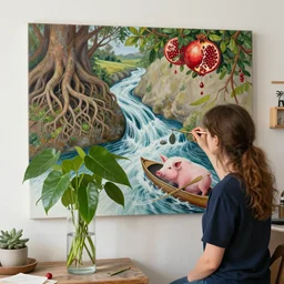 a female art student in her apartment, plants in glass vase, water, river flowing through a wall, river, rapids, pig, buttress tree roots, canoe, pomegranate, berries dripping, acrylic on canvas, surrealist, by magritte and monet