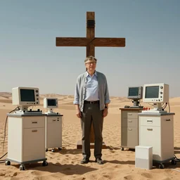 bill gates on the cross in the desert surrounded by medical equipment. horror movie photograph.