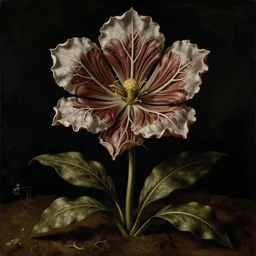 a flower made of veins and muscle tissue growing from the earth, elegant, dark, by giuseppe arcimboldo and ambrosius benson, a touch of beksinski, realistic, renaissance, zoomed out
