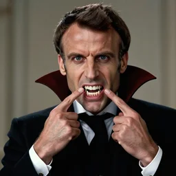 emmanuel macron as dracula showing canine, vampire teeth, vampire, macron, eerie, cinematic, movie still, close shot, emmanuel macron, fantasy, natural light, blood, sharp focus, dark ambience, natural light