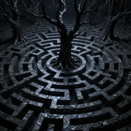 thick dark black stone maze, gnarled black trees, tight, night, volumetric lighting, 8 k octane beautifully detailed render, post - processing, extremely hyper - detailed, intricate, epic composition, intricate, trending on artstation, stunning art by anders zorn, wonderful masterpiece by frazetta