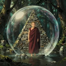 pov hyperrealist, dull colors, interior shot from howls moving castle 2 0 0 4 of a monk dripping out of a cubic bubble in a flooded woodland stonehenge pyramid. bubble.