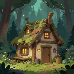 a cartoonish rustic ramshackle hut in a mystical forest full of wonders, pine trees, magical atmosphere, trending on artstation, 30mm, by Noah Bradley trending on ArtStation, deviantart, high detail, stylized portrait