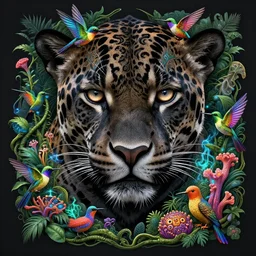 a 3 d jaguar - goddess wide angle portrait with obsidian black fur and piercing eyes. beautiful intricately detailed face. vibrant hummingbirds, jungle creatures, vines, mycelium, pulse projections, shipibo patterns, plasma, artwork by tooth wu and android jones wlop and android jones and beeple and greg rutkowski