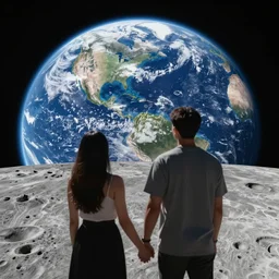 romantic wide shot behind asian woman and white man holding hands on the moon looking at the Earth, photorealistic