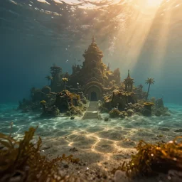 under water sunken city with beach with palmtrees seaweed air bubbles, golden hour, caustics, shallow depth of field, moody lighting, 8 k, concept art,
