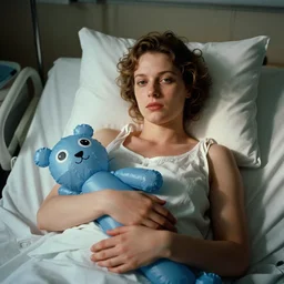 woman who has given birth to a squishy inflatable toy, in hospital bed, French film, archival footage, technicolor film expired film, 16mm