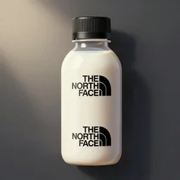 the north face bottle, round with black top, filled with wihite liquid, black stamp, concept art, matte, sharp focus, illustration, art by aenaluck, artgerm