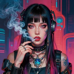 portrait of a brunette cyberpunk hippie smoking | highly detailed | very intricate | symmetrical | professional model | cinematic lighting | award - winning | painted by mandy jurgens | pan futurism, dystopian, bold colors, cyberpunk, anime aesthestic | featured on artstation