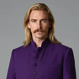 medium shot of a 6 0 - year - old man with long blonde hair, mustache and soul patch, green eyes, wearing elegant purple clothes, regal, studio lighting