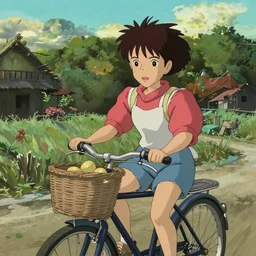 a young girl riding a bike with a basket in a small town, 1970s philippines, art by hayao miyazaki, studio ghibli film, hi res, 4k, detailed face