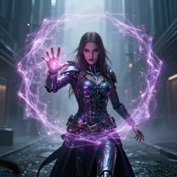 cyborg female necromancer casting a magical spell, scifi, special effects, cinematic lighting, atmosphere, sparks, energy shield, highly detailed, futuristic street, foggy weather, masterpiece, artstation, art by eddie mendoza