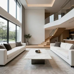A modern living room with a beautiful white marble table between 2 white sofas ,on the left of the living room there are floor to ceiling glass window and on the right of the living room there are wooden stairs to the second floor, 8k resolution, professional interior design photograph, wide angle photograph