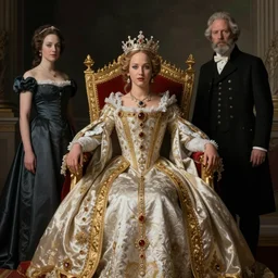 regal Jennifer Lawrence sitting on queens throne royalty wearing royal mantle gold jewelry by alex ross by moebius and atey ghailan by james gurney by vermeer by George Stubbs