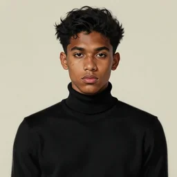portrait of a young man with black hair wearing a black turtleneck. scars on his body. young man brown skin. art by martin ansin, martin ansin artwork. portrait.