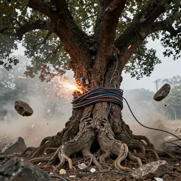 angry complex strings and cables electricity fight, action scene, sad face tree roots strangled, ancient oak, rock debris pieces, dust particles, dramatic lighting, electronic wires, fire sparks, high resolution photo,