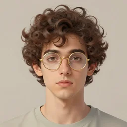 A curly-haired persian guy wearing round golden glasses,muted colors, matte print, pastel colors, 2d, ultra highly detailed, smooth, sharp focus, digital art, digital painting, fan art, elegant, artstation, head is centered, by Ilya Kuvshinov