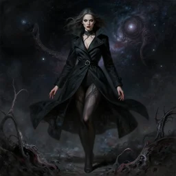 lady in black coat and pantyhose, cosmic horror style, intricate, seductive confident pose, realistic, highly detailed, digital painting, art by greg rutkowski, charlie bowater