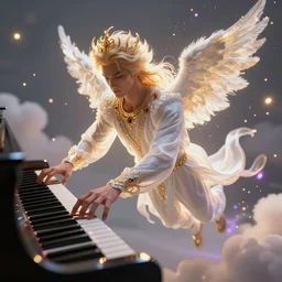 a beautiful male human god of piano character, character is in all its glory, character is centered on the image, character is flying, rim lights, magic in the air, fancy clouds, highly detailed professional photo, dynamic lights, particles are flying, depth of field, trending on artstation, illustration, hyper realistic, vray caustics, super detailed, colorful accents, cinematic shot