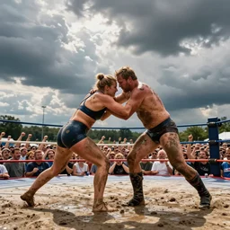Femke Halsema and Hans Teeuwen mud wrestling in a fight ring with the crowd going wild