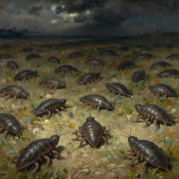 crowd of tardigrades in style of vilhelm hammershoi