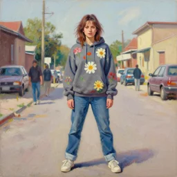 still from music video of barbara palvin from die antwoord standing in a township street, wearing a hoodie and flowers, street clothes, full figure portrait painting by martine johanna, ilya kuvshinov, rossdraws, pastel color palette, detailed impasto brushwork