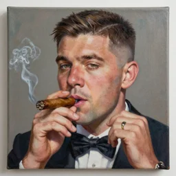 a close - up canvas painting of a realistic irish man with a fade haircut, lighting a cigar, wearing a suit, bowtie, and ring, highly detailed