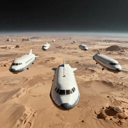 an ultra realistic dystopian image  of human migration in passenger space shuttles flying toward camera, perspective from space away from a dried desert dystopian earth, style by Richard Lim and annibale sinconolfi and Stalenhag, epic scale ultrawide angle, 3D  rendered, Vray rendered, octane render, unreal engine