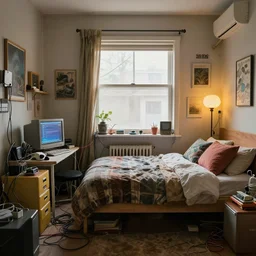 cozy 8 0 s bedroom retrofuturism, cluttered, wires everywhere, computer, window, detailed