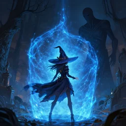 2 d art of a singular witch girl in a huge hat surrounding herself with a blue magical barrier, to repel a tall faceless humanoid, back view, in style of greg rutkowski, intricate, hdr, fantasy, dark fantasy, trending on pixiv, 8 k