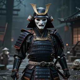 scary Godlike masked and helmeted samurai in the style of Wallace and Gromit , award winning , post processing , suspenseful , masterpiece , octane rendered