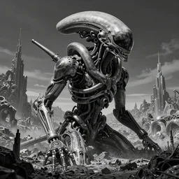 greyscale hightmap, alien, mechanical, giger, art deco