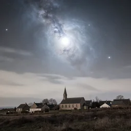 a beautiful double exposure of the astronomy picture of the day, nebula, a rural seaside village, old church, landscape at night, soft white light, muted, neutral light, light blue tones, chimney smoke, long exposure clouds, unreal engine