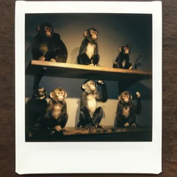 shelf of taxidermy monkeys, dramatic lighting, polaroid