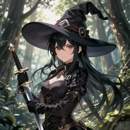 fantasy rogue female, witch hat, forest, anime art, black hair, daggers