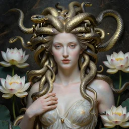 detailed, portrait of medusa, surrounded by lotus flowers and snakes