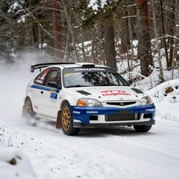 a 2 0 0 4 mugen civic type - r, racing through a rally stage in a snowy forest