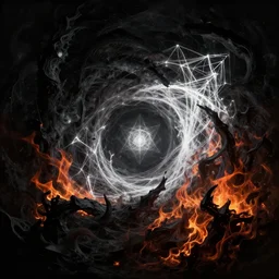 Hyperdetailed Geometric Soul od Darkness And Light, in style of Cyril Rolando, Dan Mumford, M.W Kaluta, 8k resolution, Chaotic Composition, Dark Magic, Flames of Darkness and Light, Black Abyss, Magic Spell Portal