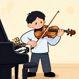 someone playing violin, piano, and flute at the same time. Cartoon.