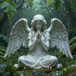 a world of dew, and within every dewdrop a world of struggle., fantasy intricate elegant angel sits in prayer under, lush volumetric lighting 3 d modelling