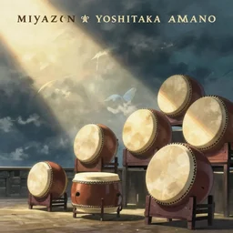 a cover of an album of winddrums in style of miyazaki and yoshitaka amano