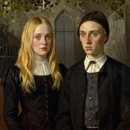 Painting of Elle Fanning and Dakota fanning, American gothic style, by Grant Wood. 8K. Extremely detailed.