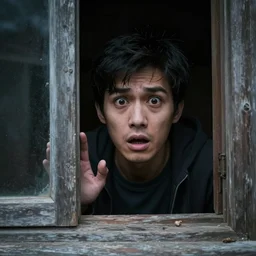 a frightened man peeks through a window
